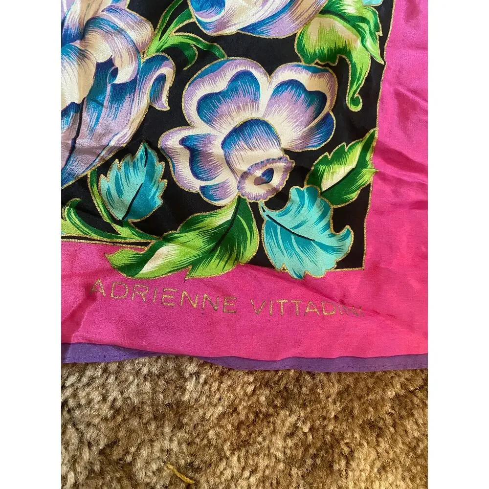 Adrienne Vittadini Vintage Silk Square Scarf Folk Art to Wear Floral Neckerchief